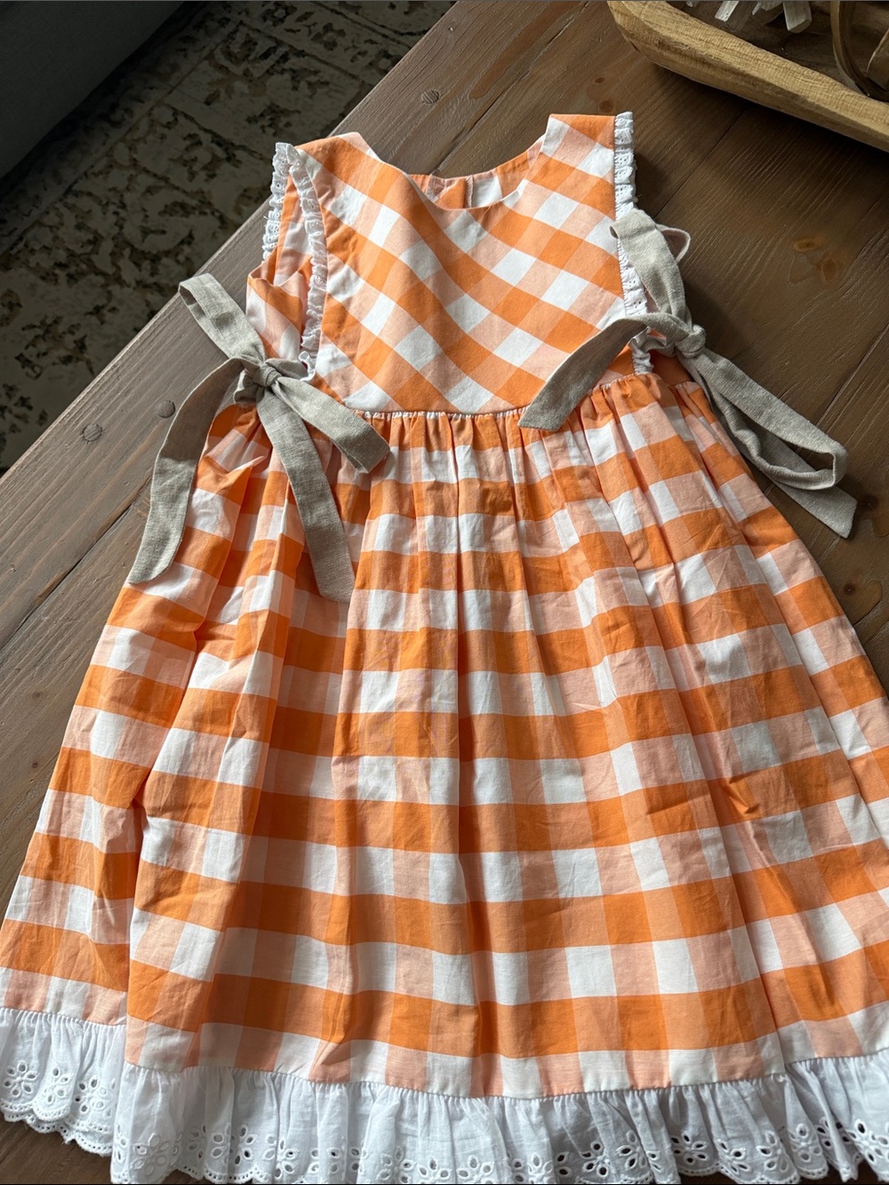 RicRac & Ruffles Girls Orange Gingham Tie-Shoulder Dress with Eyelet Hem